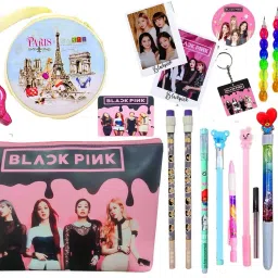 Black-Pink BTS Theme Stationery Combo for A5-size Large Capacity Pencil Pouch Storage/Travel/Cosmetic Pouch with BTS Stationery Birthday Return Gift for Kids Art Plastic Pencil Box-14