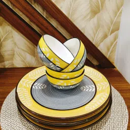 Ceramic caffeine Ceramic Handmade Yellow Leaf Combo Dinner Set (Set of 8 ) Dinner Set-image-74