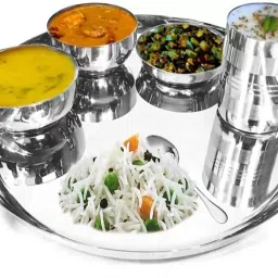 Pack of 6 Steel Stainless Steel Dinner Set,Stainless Steel Thali Set | Dinner Plates Thali Set | Thali Diameter 10.00 Inch |6 Pieces - 1 Thali, 2 Bowl, 1 Pudding Plate/Halwa Plate, 1 Glass, 1 Spoon 6-Pieces, Silver Dinner Set-15