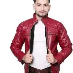 Men Solid Leather Jacket-image-86