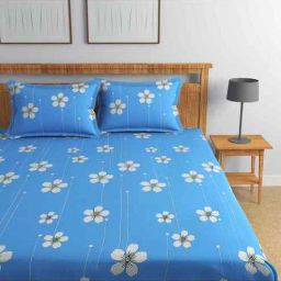 florida Sky Blue Floral 144 TC Cotton Queen Sized Bedsheet Bedsheet 2 Pillow Rose Collection-picture-39