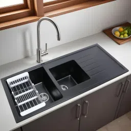 Premium 12mm Thick Black Quartz Kitchen Sink (45x20x9 Inch) Natural Black Granite Stone Matt Finish Drop-In Double Bowl with Drainboard Sink Vessel Sink-image-98