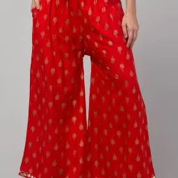 Women Straight Fit Red Cotton Blend Trousers-image-45