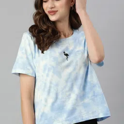 Women Printed, Tie & Dye Round Neck Pure Cotton White, Blue T-Shirt-picture-12