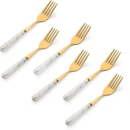 Kitchen Golden Fork Spoons Set For Home & Restaurant Cutlery Dinner Table Bouillon Kata Chammach Spoon with Ceramic Handle Tableware Noodles Fork Stainless Steel Dinner Fork, Fruit Fork, Serving Fork Set-4