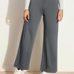 Women Relaxed Grey Cotton Blend Trousers-image-2