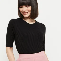 max Casual Raglan Sleeves Solid Women Black Top-picture-1