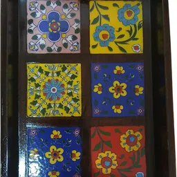 ambitcircle Handcrafted Wooden Serving Tray with Colorful Floral Ceramic Tiles – 12 Inch Tray-picture-3
