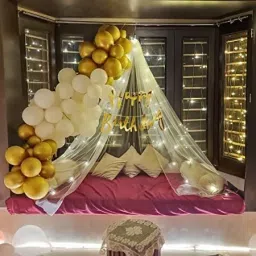 Gold and White Birthday Decoration Kit Combo with White Net Curtain & Led Light-image-2