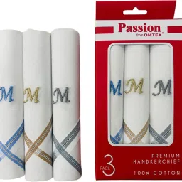 PASSION FROM OMTEX Men's Initial M Alphabet Monogram ["White With Embroidary & Colored Border"] Handkerchief image 3
