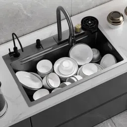 Handmade Kitchen Sink Waterfall Faucet Fruit Basket Chopping Sink Black Handmade Kitchen Sink Waterfall Faucet Fruit Basket Chopping Sink Black Vessel Sink-image-63