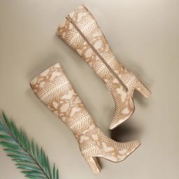 9 Cm Faux Leather Material, Sanke Print Beige Casual Formal Slipon Knee Boot Boots For Women-image-58