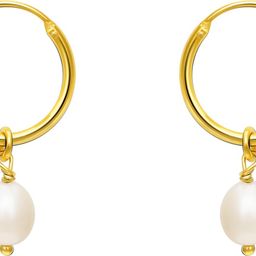 Sterling Silver Golden Pearl Drop Hoop Earrings for women & girls Pearl Sterling Silver Hoop Earring-1