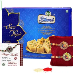 Rakhi for Brother with Sweets - Set of 2 Om Rakhis with Soan Papdi, Card & Tikka Assorted Gift Box-17