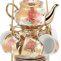 Pack of 13 Porcelain Tea Set Teapot with 6 Cups,6 Saucers & Holder Stand Random Pattern Designs-10