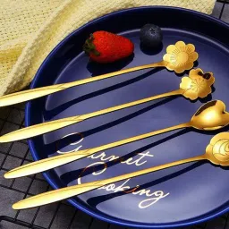 Desert Spoon 4pcs Set Long Handle Flowers Shaped Stirring Golden Spoons Steel Disposable Stainless Steel Dessert Spoon-image-1