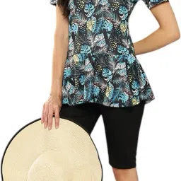 Aarika Womens Sports Wear Turqouise-Black Colour Printed Leaf Print Swim Suit Printed Women Swim-dress Light Blue Swimsuit-image-31