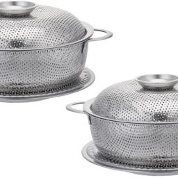 Stainless Steel 2 Pieces Stainless Steel Fruit Vegetable Basket Strainer with Cover & Plate Storage Basket-10