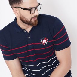 Men Striped Polo Neck Cotton Blend Navy Blue T-Shirt-image-2