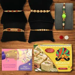 Rakhi Hamper: Soan Papdi, 5 Rakhis, Roli-Chawal & Greeting Card Assorted Gift Box-image-66