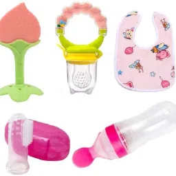 Combo Pack of 5 Food Dispensing squeeze Spoon 90ML,Baby Finger Brush, Baby bibs Teether and Feeder-image-94