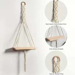 decorainc "Macramé Wall Hanging Shelf | Beige Boho Floating Shelf with Pine Wood| image 5