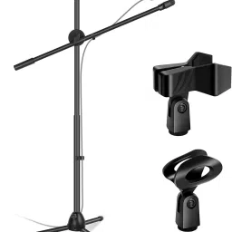 Microphone Stand, Foldable Tripod Boom Stand Adjustable Height Heavy Duty Mic Boom Stand with Dual Mic Clip Holders and Metal Base for Singing, Speech, Stage, Outdoor Activities Microphone Stand-picture-2