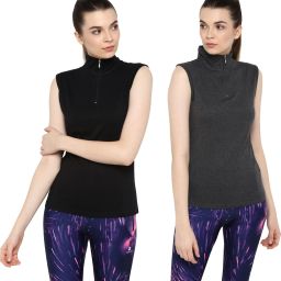 Pack of 2 Women Solid High Neck Pure Cotton Black, Grey T-Shirt-image-88