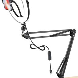 BROLAVIYA Overhead Video Stand with 10 inch Ring Light, Metal Arm,1/4 Male Adaptor Mobile Holder-12