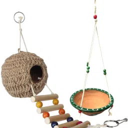 Birds Water Feeder Hanging Bowl and Ladder Nest for Home, Balcony and Garden, Natural Earthenware Water Feeding Bowl for Birds Combo Pack of 2 Common Bird Feeder-image-50