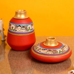 aakriti art creations Madhubani Earthen Adelia (Set Of 2) Red Terracotta Table Vase-picture-47