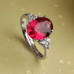 Blood Red Oval Adjustable Ring Sterling Silver Cubic Zirconia Rhodium Plated Ring-image-27