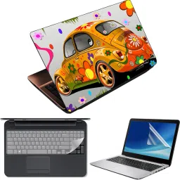 Techfit 3 in 1 Laptop Skin Decal Vinyl Pack 15.6 inch with Screen Guard and Silicone Keyboard Protector - Printed Floral Car Combo Set-image-0