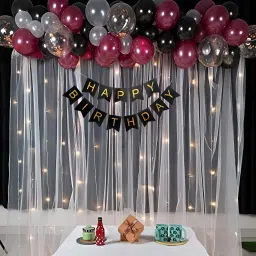 Solid MAROON BIRTHDAY DECORATION COMBO WHITE NET CURTAIN WITH LED LIGHT Balloon-11