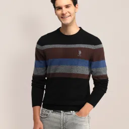 Men Striped Crew Neck Grey Sweater-image-50