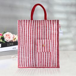 Jute Lining Front Pocket Carry Shopping Bag with Handle|Medium|Red Grocery Bag-19