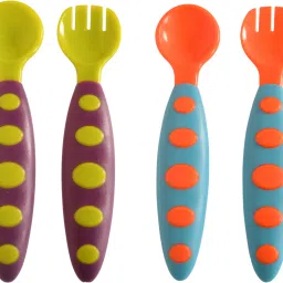 BPA Free Food Grade Plastic Easy Grip Spoon and Fork Set| Colorful Tableware/Attractive Cutlery Set for Kids/Babies/Toddlers/Boys/Girls (Pack of 2-Set of 2 (Orange & Green))- Silicon-23
