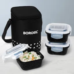 Kube Black Lunchbox, 3pc Square Borosilicate Glass Container Set (320ml) Tiffin 3 Containers Lunch Box-image-3