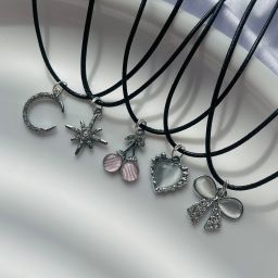 Set of 5 Stylish Trendy Silver Plated AD Charm Black Cord Pendant Necklace Silver Alloy Pendant-image-2