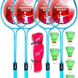 Double Shaft Iron Body Pack Of 2 Pair Badminton Rackets 6 Piece Plastic Shuttles And 1 Piece Net Badminton Kit-image-81
