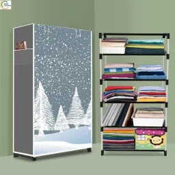 5 Shelf Foldable Collapsible Wardrobe Storage Organizer Almirah Cloth Rack PP Collapsible Wardrobe-image-95
