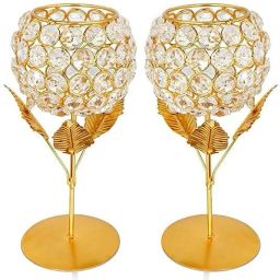 Gold Plated Crystal Candle Holder Tea Light Stand Votive- Decorative Tealight Iron, Glass Candle Holder Set-image-81