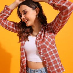 Women Regular Fit Checkered Curved Collar Casual Shirt-image-71
