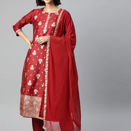 SERONA FABRICS Women Red Ethnic Motifs Printed Chanderi Silk Kurta with Trousers & With Dupatta-6