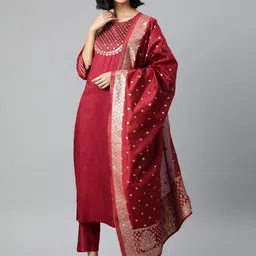 SERONA FABRICS Women Red Embroidered Kurta with Trousers & With Dupatta-image-59