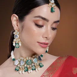 Peora Women Gold-Plated Kundan Studded Choker Necklace with Earrings & Maang Tikka-14