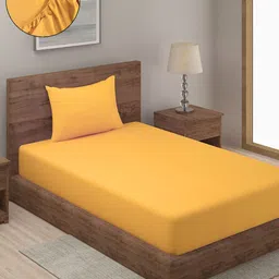 HOSTA HOMES Yellow Solid 300 TC Single Fitted Bedsheet With 1 Pillow Cover-image-89