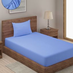 HOSTA HOMES Blue Striped 280 TC Single Fitted Bedsheet With 1 Pillow Covers-image-25