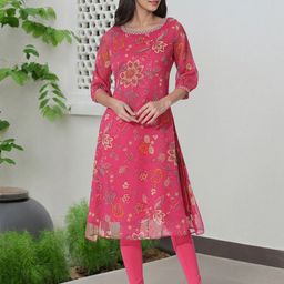 W Floral Printed Thread Work Puff Sleeves A Line Kurta With Leggings-picture-0