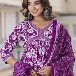 Anouk Purple Floral Printed Pure Cotton Straight Kurta With Trouser & Dupatta-picture-57
